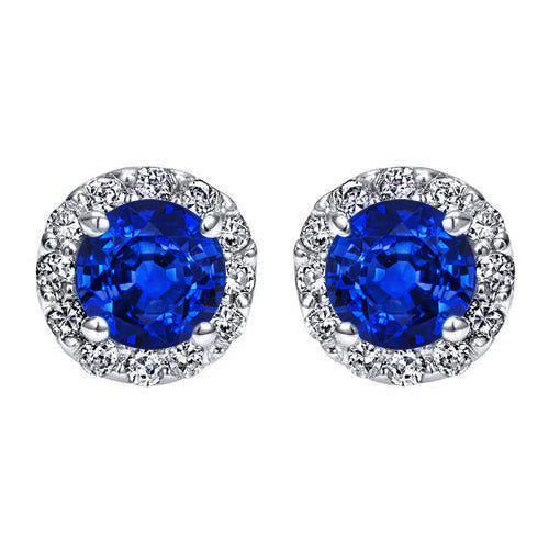 Round Cut Halo Sapphire And Diamond Stud Earring White Gold 14K