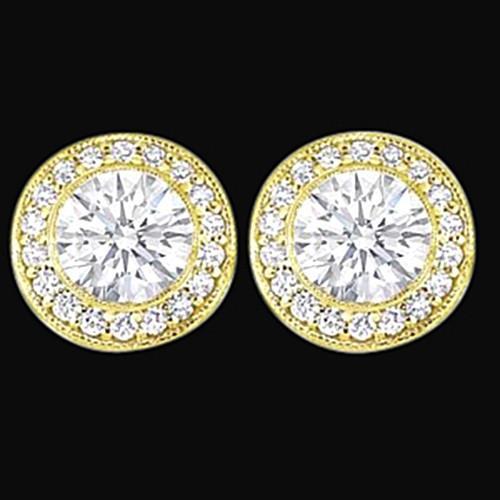 Round Cut Natural Diamond Ladies Studs Halo Earring 3 Ct. Yellow Gold New