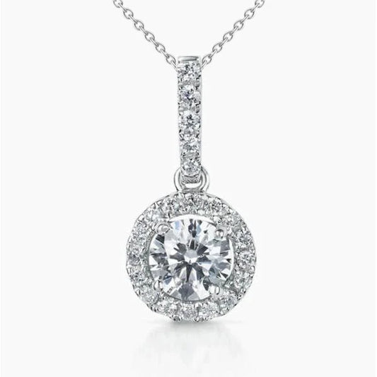 Round Cut Real Diamond Pendant Necklace 1.71 Carats White Gold 14K