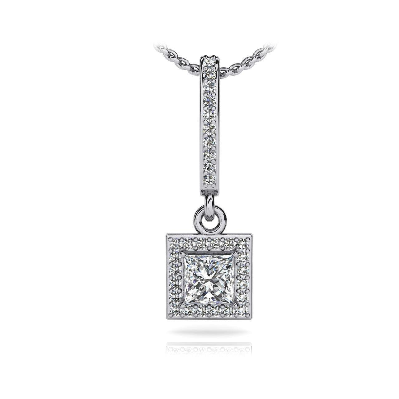 Round Cut Real Princess Diamond Pendant Necklace 3.3 Carat White Gold 14K