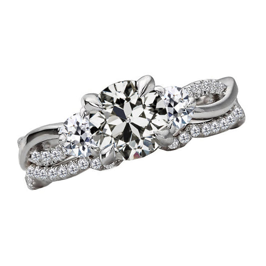 Diamond Old Mine Cut Solitaire with Side Stones in 14 Karat White Gold – main view