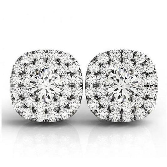Round Double Halo Real Diamond Stud Earring Pair 2.56 Carats White Gold 14K