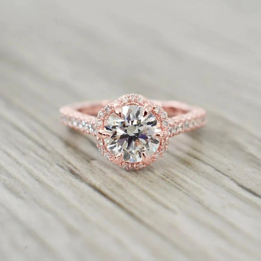 Round Eagle Claw Prongs Halo Genuine Diamond Ring Fine Jewelry 14K Rose Gold
