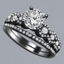 Round Genuine Diamond Engagement Ring & Band Set 2.60 Carat Black Gold 14K