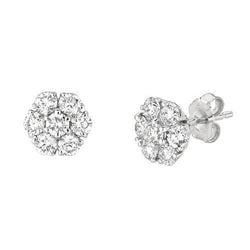 Round Genuine Diamond Stud Earring Flower Style 1.50 Carat White Gold 14K