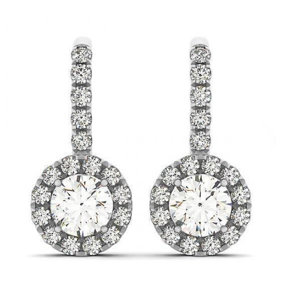 Round Genuine Diamonds 2.50 Carats Halo Dangle Earrings White Gold 14K