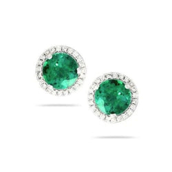 Round Green Emerald With Natural Earth Mined Diamond Women Stud Halo Earring White Gold 14K