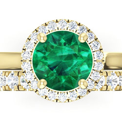 Round Green Emerald Yellow Gold Ring Set
