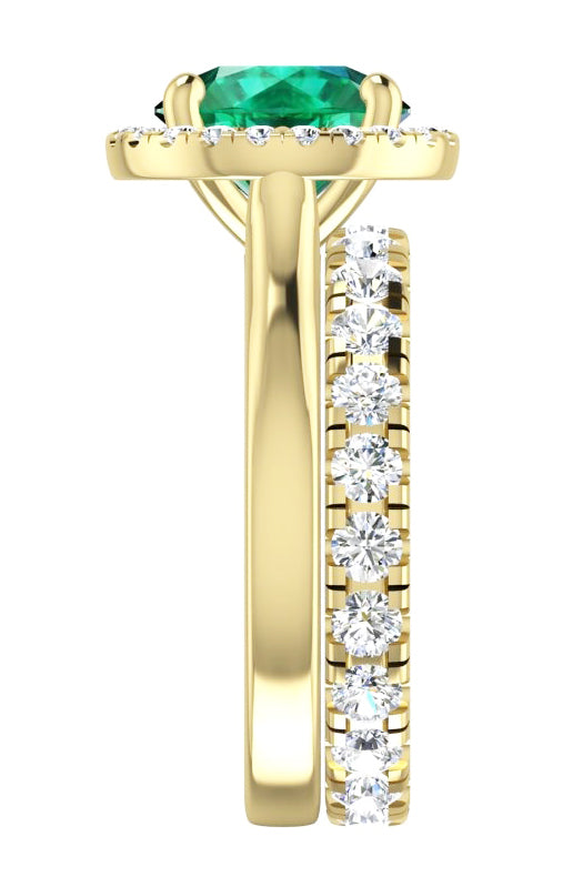 Round Green Emerald Yellow Gold Ring Set
