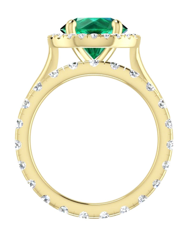 Round Green Emerald Yellow Gold Ring Set