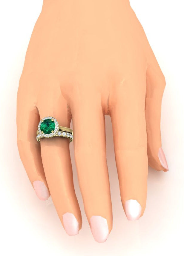 Round Green Emerald Yellow Gold Ring Set
