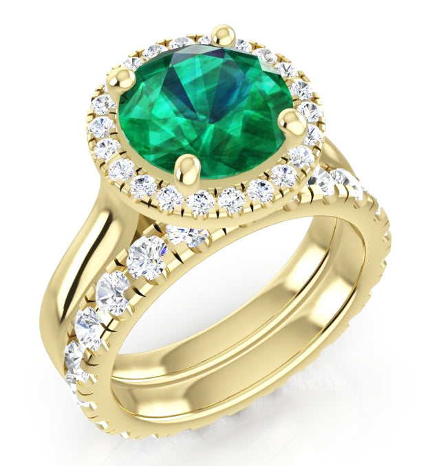 Round Green Emerald Yellow Gold Ring Set