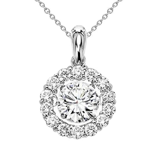 Round Halo 1.5 Carats Real Diamond Pendant Necklace Solid White Gold 14K