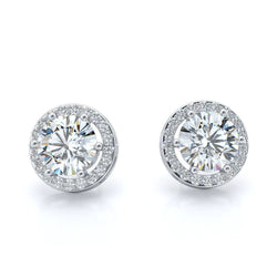 Round Halo 2.80 Carats Real Diamond Ladies Stud Earrings White Gold 14K