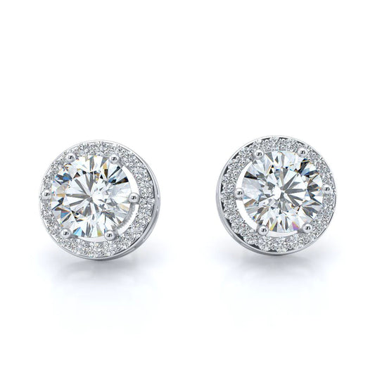 Round Halo 2.80 Carats Real Diamond Ladies Stud Earrings White Gold 14K