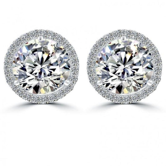 Round Halo Diamond Stud Post Earring 5.48 Carats White Gold Real Diamonds - Halo Stud Earrings-harrychadent.ca