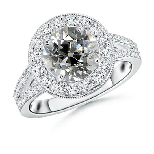 Round Halo Natural Earth Mined Diamond Old Cut Ring 3.50 Carats Milgrain Gold Split Shank