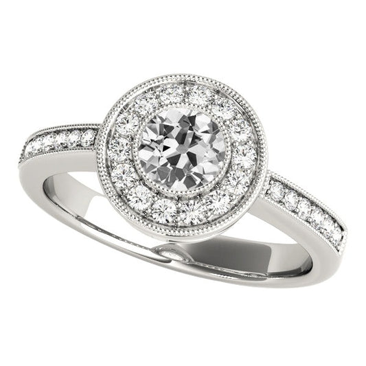 Round Halo Real Old Cut Diamond Ring Bezel Set 3.50 Carats Milgrain Shank
