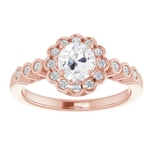 Round Halo Real Old Mine Cut Diamond Ring Bezel Set 4.25 Carats Rose Gold