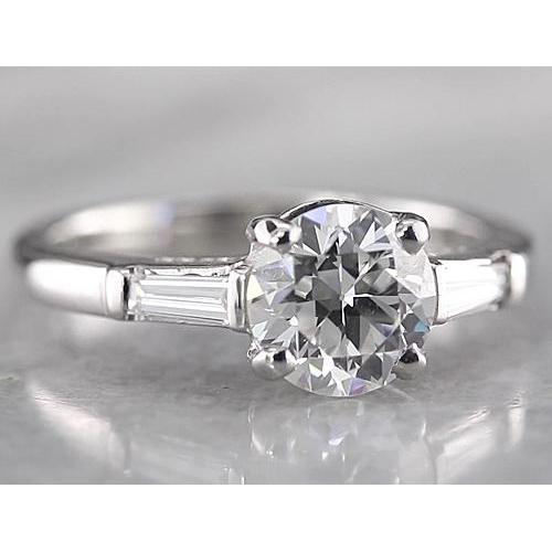 Round Natural Diamond 3 Stone Ring Baguettes White Gold 14K 