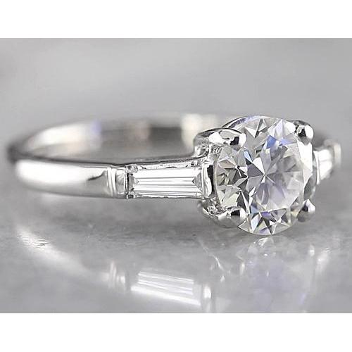 Round Natural Diamond 3 Stone Ring Baguettes White Gold 1.60 Carats