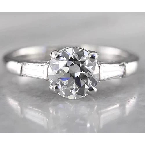 Round Natural Diamond 3 Stone Ring Baguettes White Gold 14K 1.60 Carats
