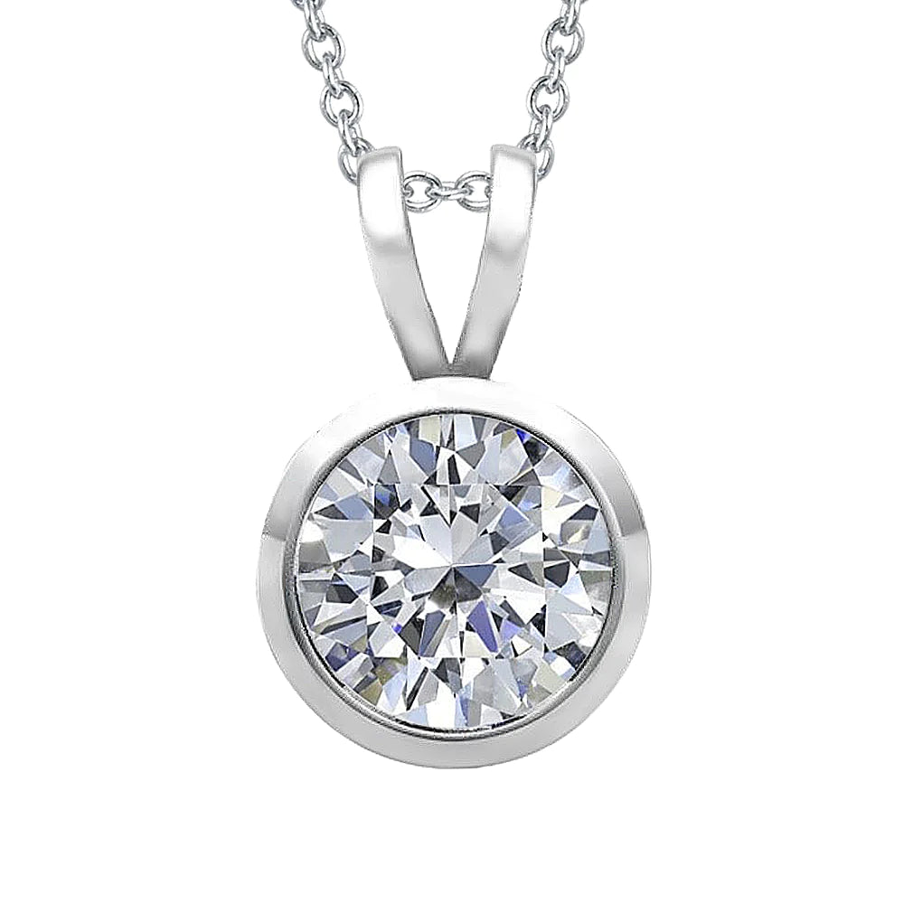 Round Natural Diamond Necklace Pendant With Chain Bezel Set 1.50 Carat WG 14K