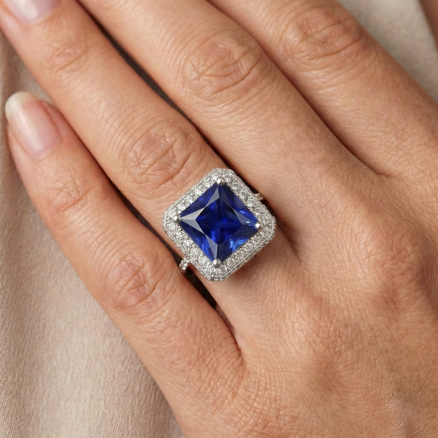 Round Natural Earth Mined Diamond ( Not Lab Grown ) Halo Ring With Princess Cut Blue Sapphire Center 6 Carat