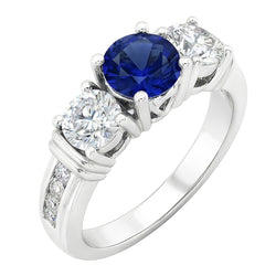 Round Natural Earth Mined Diamond ( Not Lab Grown ) Bezel Set Blue Sapphire Ring 3 Carats White G...