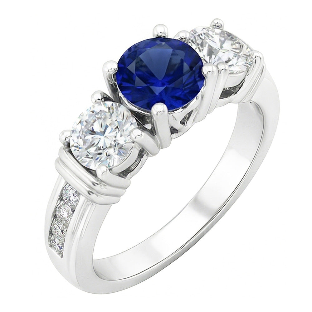 Round Natural Earth Mined Diamond ( Not Lab Grown ) Bezel Set Blue Sapphire Ring 3 Carats White G...