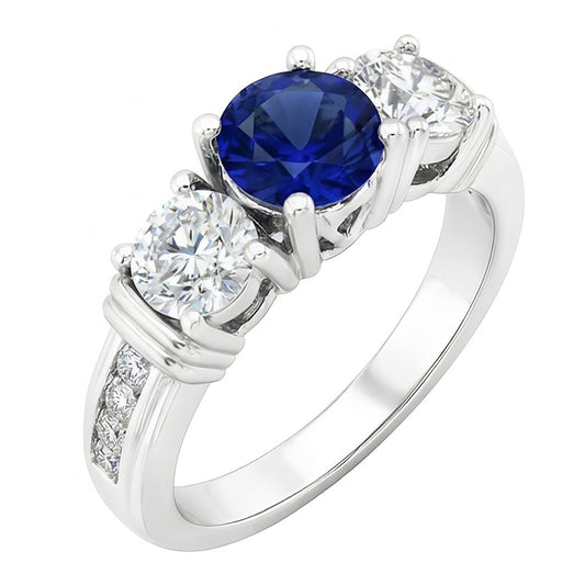 Round Natural Earth Mined Diamond ( Not Lab Grown ) Bezel Set Blue Sapphire Ring 3 Carats White G...