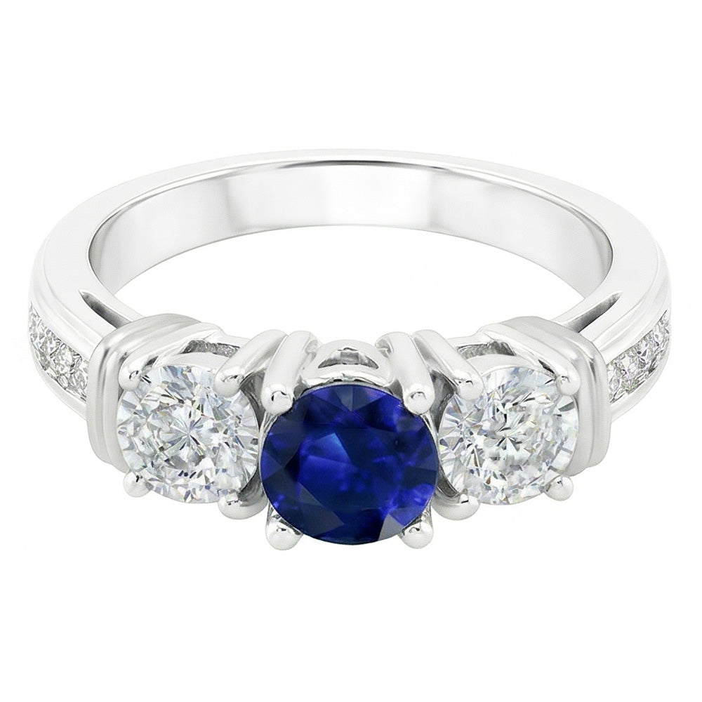 Round Natural Earth Mined Diamond ( Not Lab Grown ) Bezel Set Blue Sapphire Ring 3 Carats White G...