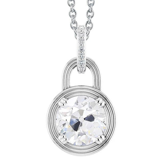 Round Old Cut Genuine Diamond Pendant Lock Style 3.50 Carats White Gold 14K