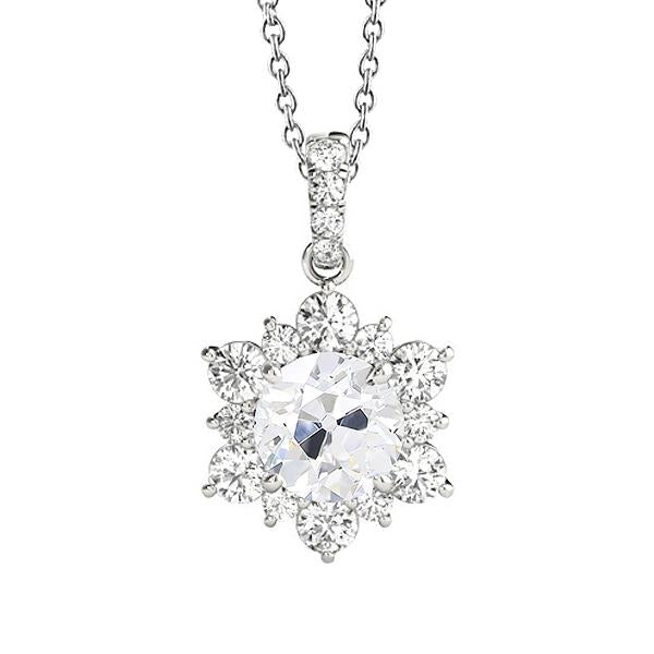 Round Old Cut Halo Women’s Real Diamond Pendant Flower Style 3 Ct Prong Set