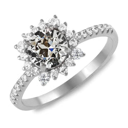 Round Old Cut Natural Diamond Halo Ring With Accents Flower Style 4.50 Carats