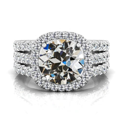 Round Old Cut Real Diamond Halo Ring Triple Row Accents 8.50 Carats