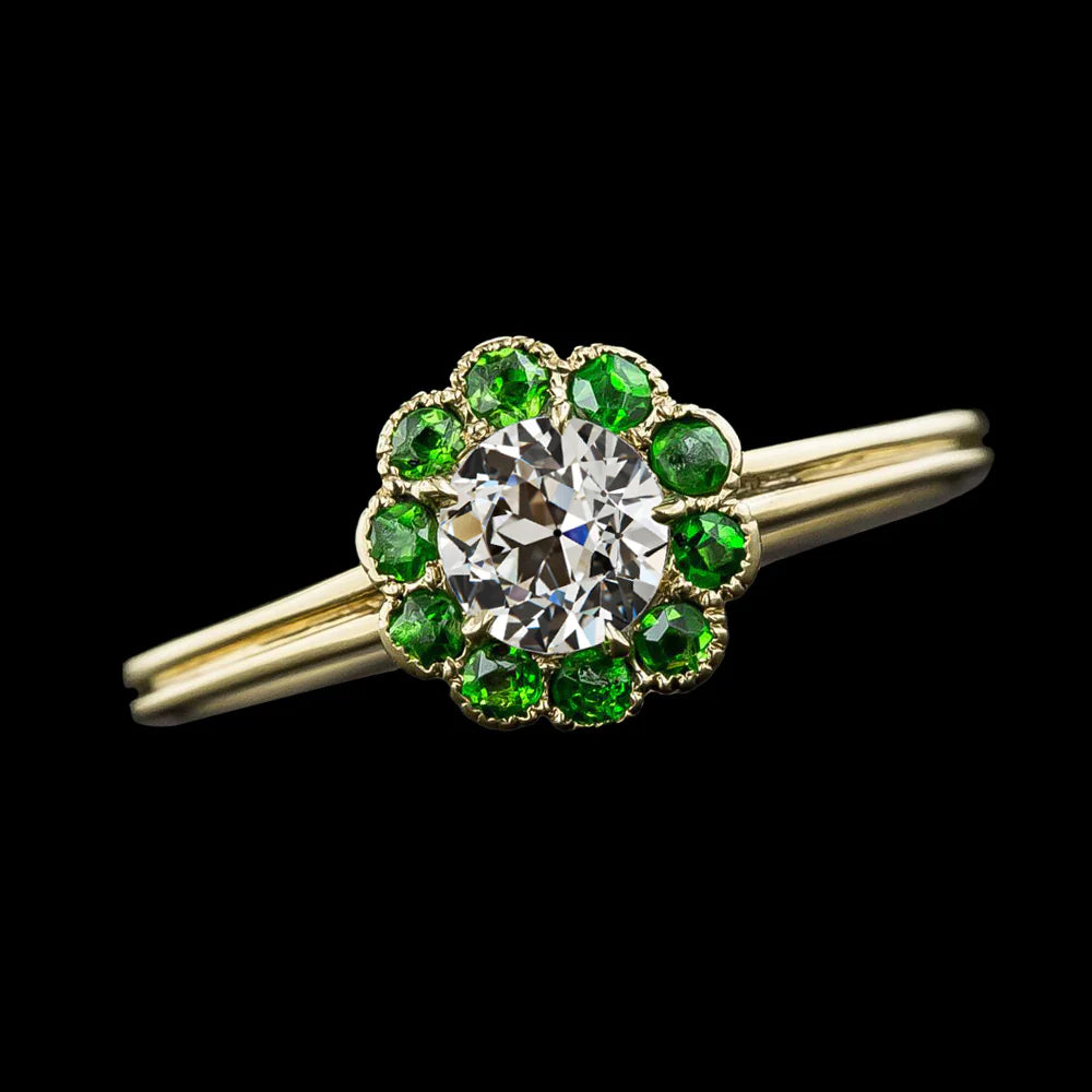 Round Old Cut Real Diamond & Green Sapphire Halo Ring 2.50 Carats 14K Gold