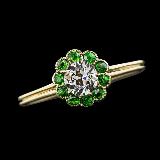 Round Old Cut Real Diamond & Green Sapphire Halo Ring 2.50 Carats 14K Gold