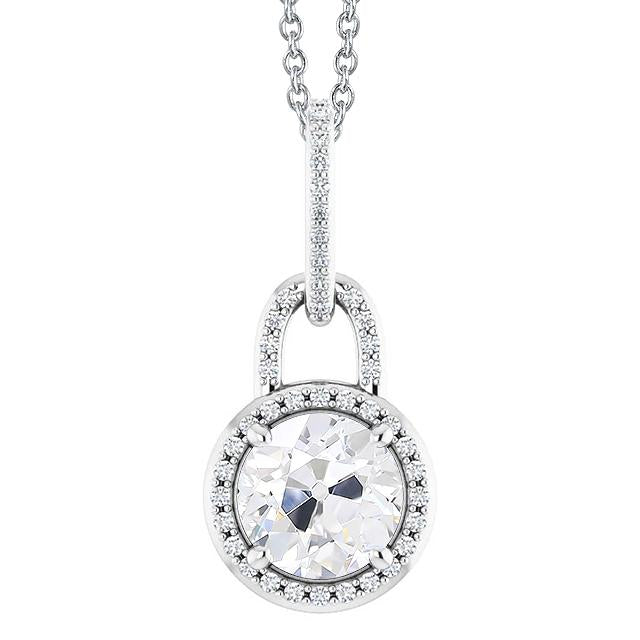 Round Old Mine Cut 3 Carats Halo Lock Real Diamond Pendant With Chain Gold