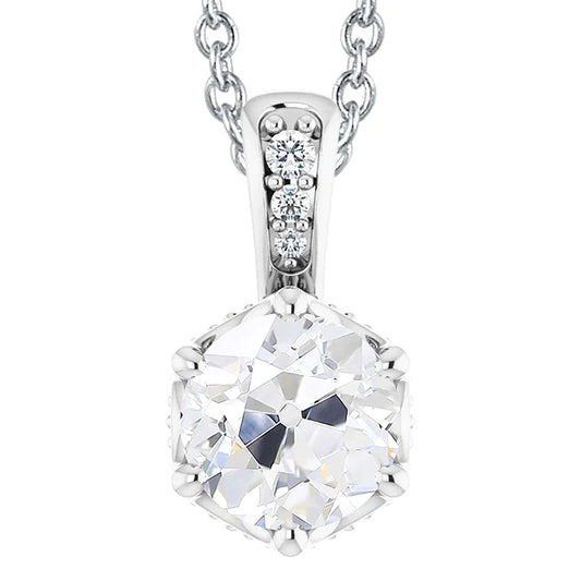 Round Old Mine Cut 4.50 Carats Real Diamond Pendant 14K Prong Set