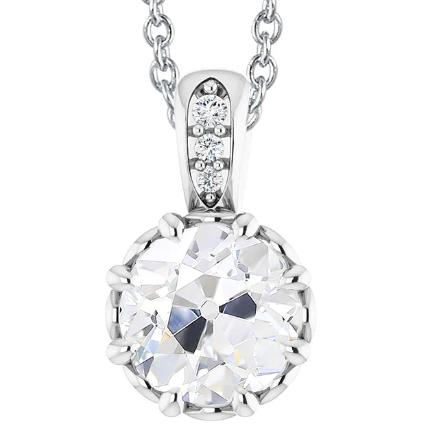 Round Old Mine Cut 5 Carats Real Diamond Pendant White Gold 14K Prong Set