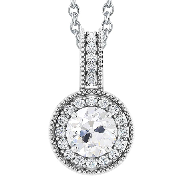 Round Old Mine Cut Halo Real Diamond Pendant 4 Carats White Gold 14K