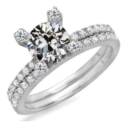 Round Old Mine Cut Real Diamond Engagement Ring Set 5 Carats Jewelry