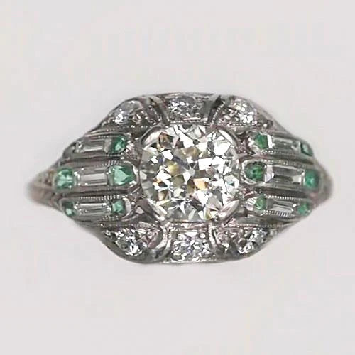 Round Old Mine Cut Real Diamond Ring Baguette & Green Sapphire 3.25 Carats