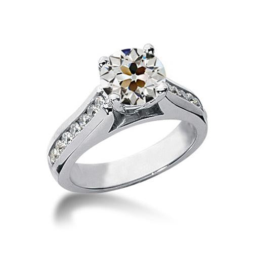 Round Old Mine Cut Real Diamond Ring Channel Set 14K Gold 2.25 Carats