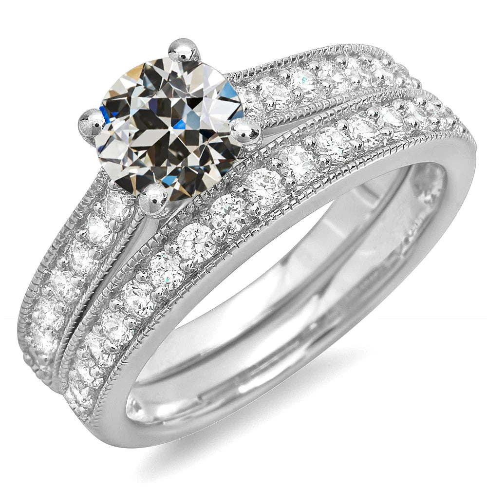 Round Old Mine Cut Real Diamond Wedding Ring Set 14K Gold 5.50 Carats