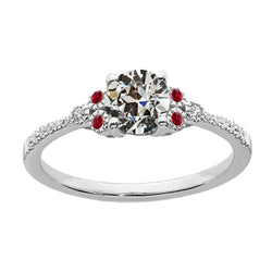 Round Old Mine Cut Real Natural Earth Mined Diamond & Ruby Lady’s Ring White Gold 3 Carats