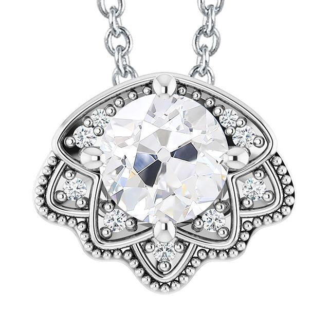 Round Old Mine Real Diamond Pendant 5.50 Carats With Chain White Gold 14K