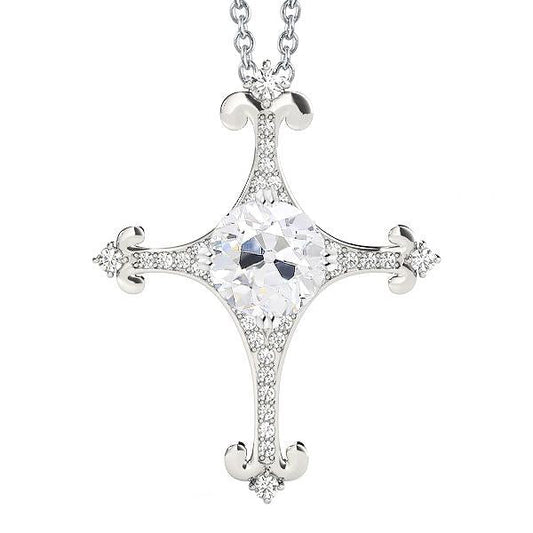 Round Old Miner Cross Real Diamond Pendant 2.50 Carats With Chain