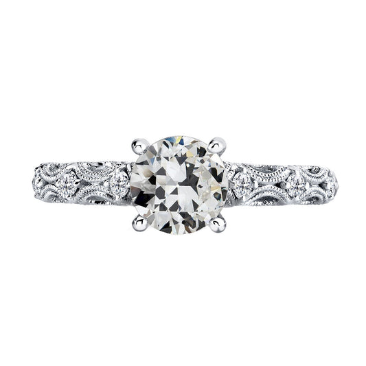 Diamond Antique Cushion Solitaire with Side Stones in 14K White Gold – main view
